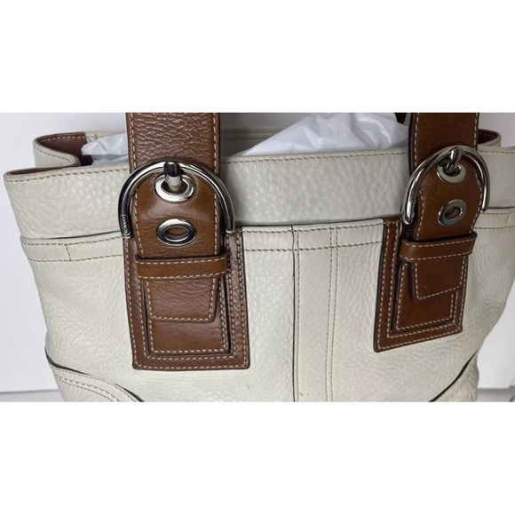 Authentic Vintage Coach Cream Leather Handbag Buckle brown straps F12302 READ - Picture 6 of 16